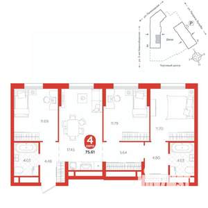 4-к квартира, вторичка, 76м2, 11/24 этаж