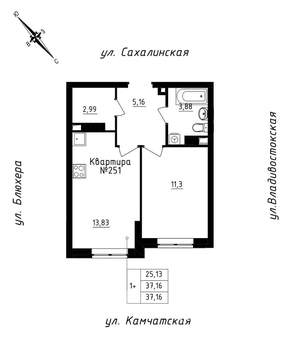 1-к квартира, строящийся дом, 37м2, 21/25 этаж