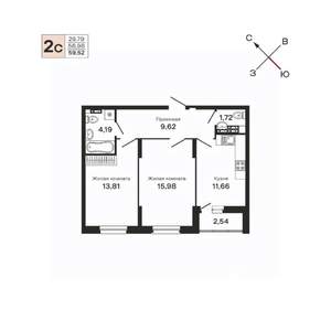 2-к квартира, строящийся дом, 60м2, 11/25 этаж