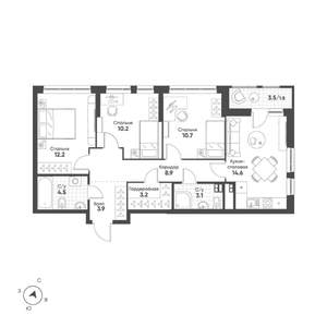 3-к квартира, строящийся дом, 73м2, 5/15 этаж