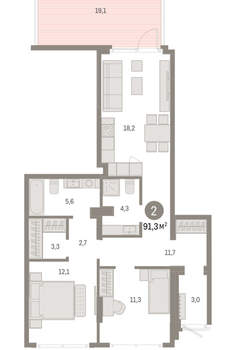 2-к квартира, вторичка, 91м2, 1/9 этаж