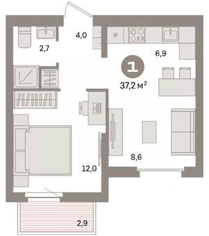 1-к квартира, вторичка, 37м2, 3/9 этаж