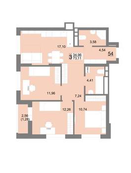 3-к квартира, вторичка, 73м2, 7/22 этаж