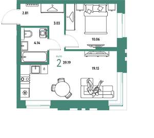 2-к квартира, строящийся дом, 39м2, 11/25 этаж