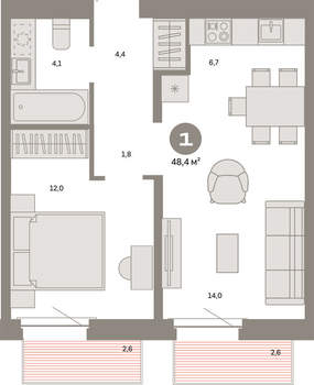 1-к квартира, вторичка, 48м2, 4/16 этаж