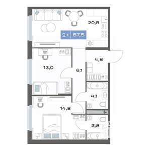 2-к квартира, строящийся дом, 68м2, 5/17 этаж
