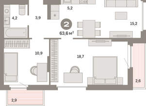 2-к квартира, вторичка, 64м2, 4/16 этаж