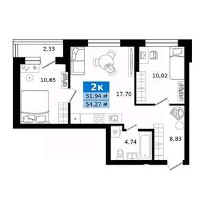 2-к квартира, строящийся дом, 54м2, 10/27 этаж