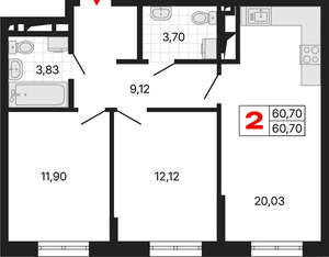 2-к квартира, вторичка, 61м2, 7/25 этаж