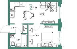 2-к квартира, строящийся дом, 37м2, 4/20 этаж