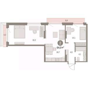2-к квартира, вторичка, 64м2, 8/9 этаж