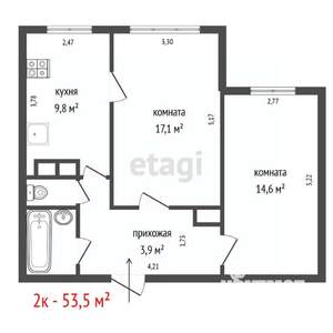 2-к квартира, вторичка, 54м2, 1/16 этаж