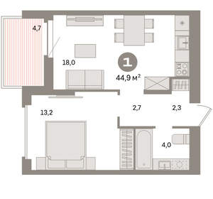 1-к квартира, вторичка, 45м2, 14/16 этаж
