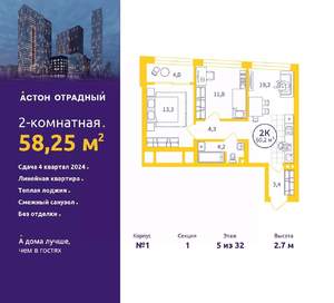2-к квартира, сданный дом, 58м2, 5/32 этаж