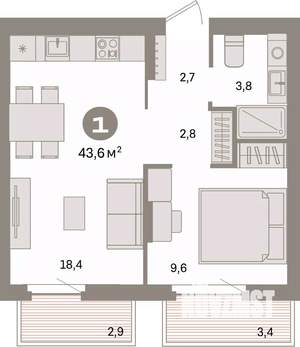 1-к квартира, вторичка, 44м2, 5/9 этаж