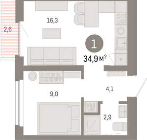 1-к квартира, вторичка, 35м2, 3/9 этаж