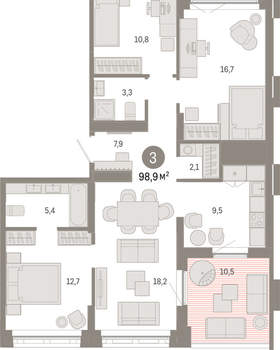 3-к квартира, вторичка, 99м2, 9/16 этаж