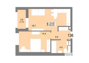 1-к квартира, вторичка, 44м2, 22/25 этаж