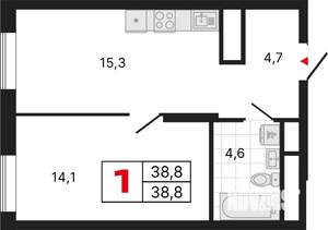 1-к квартира, строящийся дом, 39м2, 22/25 этаж