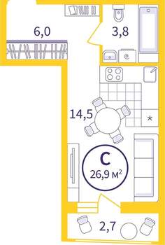 Студия квартира, вторичка, 26м2, 6/8 этаж