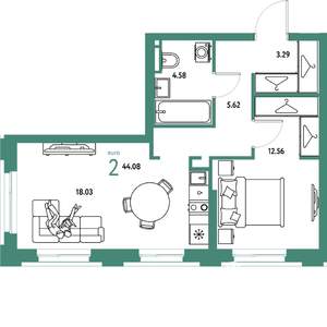 2-к квартира, вторичка, 44м2, 5/20 этаж