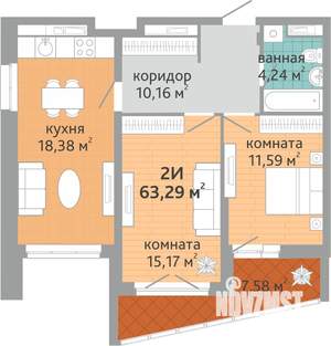 2-к квартира, строящийся дом, 63м2, 20/24 этаж