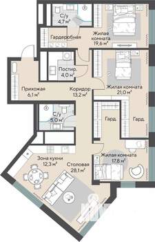 3-к квартира, строящийся дом, 119м2, 12/27 этаж