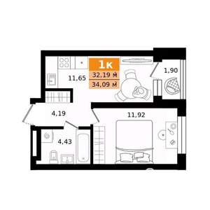1-к квартира, строящийся дом, 34м2, 4/27 этаж