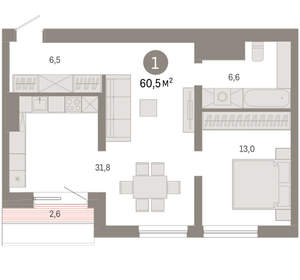 1-к квартира, вторичка, 60м2, 7/8 этаж