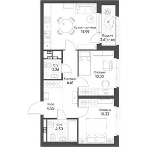 2-к квартира, вторичка, 56м2, 13/16 этаж