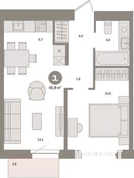 1-к квартира, вторичка, 46м2, 6/9 этаж