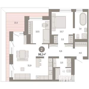 2-к квартира, вторичка, 98м2, 8/8 этаж