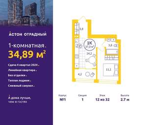 1-к квартира, вторичка, 35м2, 12/32 этаж