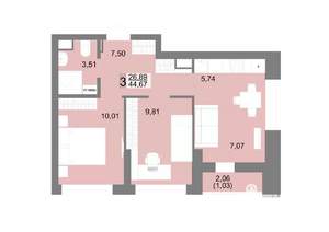 3-к квартира, вторичка, 45м2, 18/27 этаж