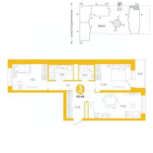 3-к квартира, строящийся дом, 65м2, 8/25 этаж