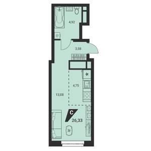 1-к квартира, вторичка, 26м2, 17/21 этаж