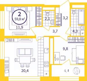2-к квартира, сданный дом, 58м2, 20/22 этаж