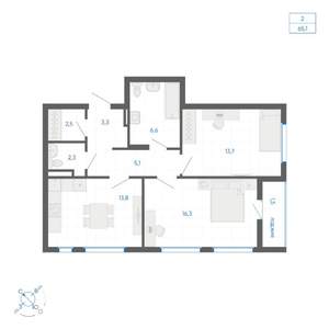 2-к квартира, вторичка, 65м2, 9/10 этаж