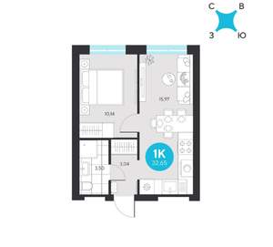 1-к квартира, строящийся дом, 33м2, 21/22 этаж
