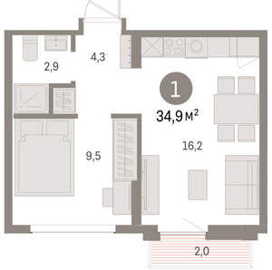1-к квартира, вторичка, 35м2, 7/9 этаж