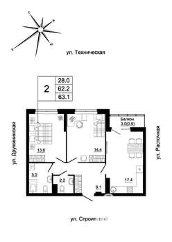 2-к квартира, вторичка, 61м2, 19/19 этаж