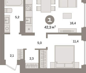1-к квартира, вторичка, 42м2, 6/16 этаж