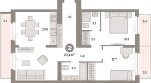 2-к квартира, вторичка, 87м2, 8/9 этаж