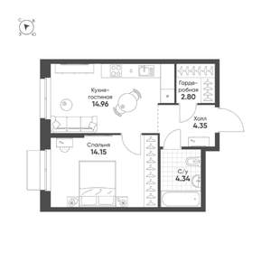 1-к квартира, строящийся дом, 41м2, 3/25 этаж
