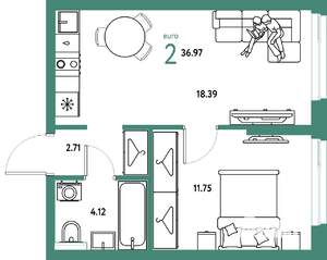 2-к квартира, строящийся дом, 37м2, 23/25 этаж