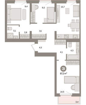 3-к квартира, вторичка, 87м2, 7/16 этаж