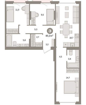 3-к квартира, вторичка, 85м2, 3/9 этаж