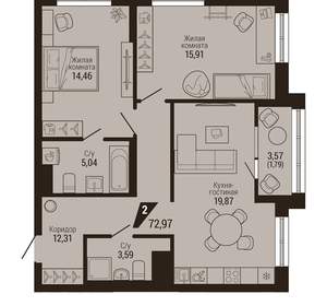 2-к квартира, вторичка, 73м2, 9/23 этаж