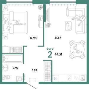 2-к квартира, строящийся дом, 45м2, 12/24 этаж
