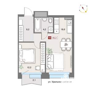 1-к квартира, строящийся дом, 45м2, 4/8 этаж